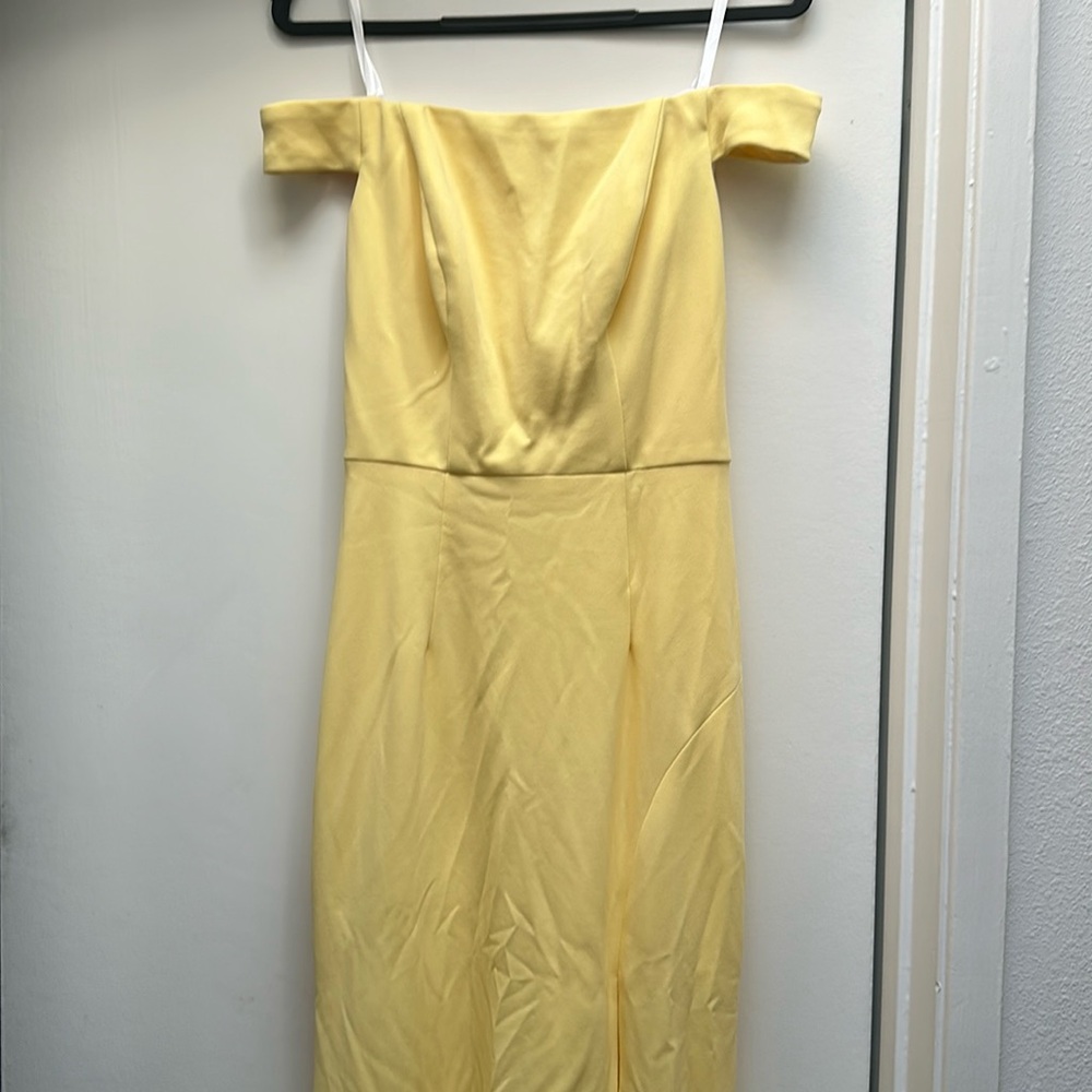 Long off shoulder light yellow wedding guest dress with high slit
